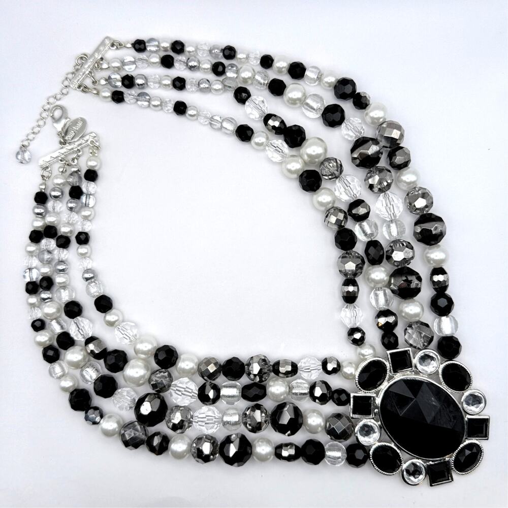 White House Black Market Statement Necklace Four Strand Pearl Gray Bead Pendant